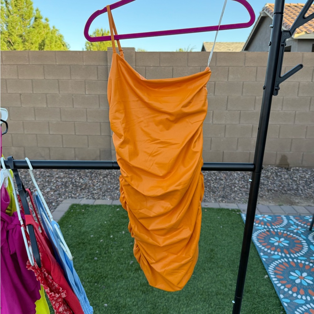 Forever 21 Dresses Orange Faux Leather Rouched Dress Onesided Shoulder